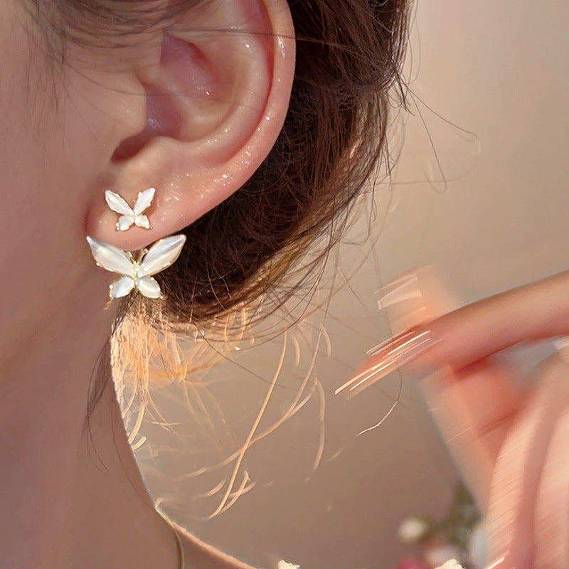 French high-end drop glaze butterfly stud earrings for women, a two-wear 2025 new forest gentle temperament ear jewelry