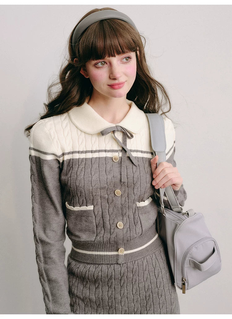 Bow Round Collar Knit Cardigan & Knit Short Skirt Setup