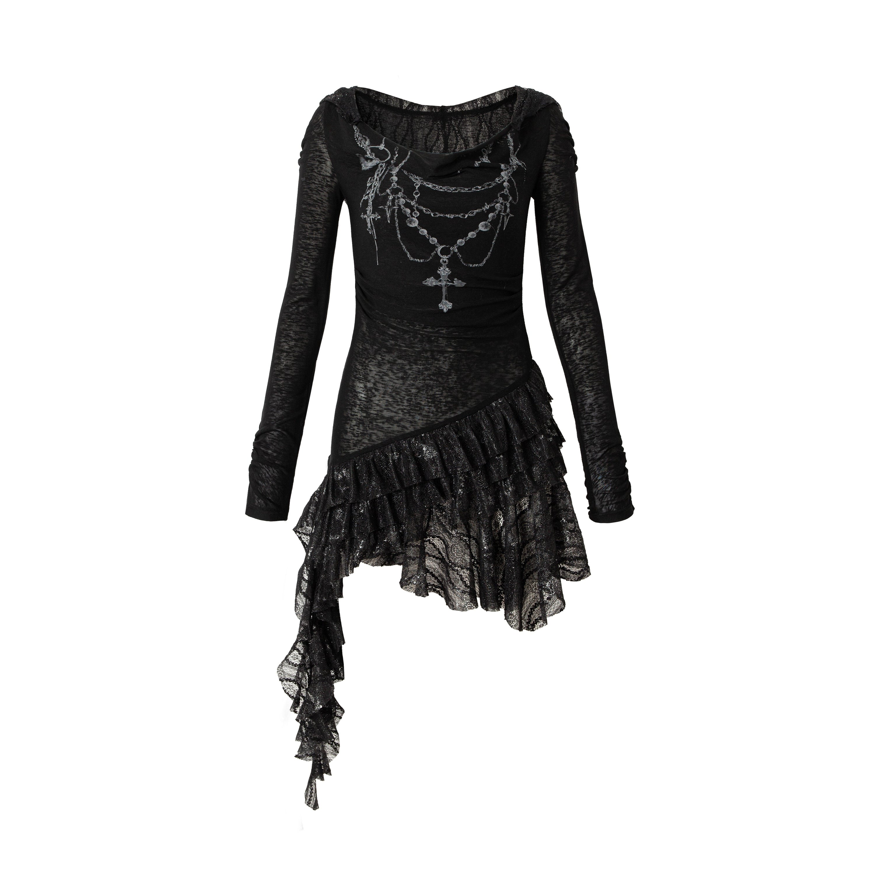 Lace Hooded Asymmetric Ruffle Dress