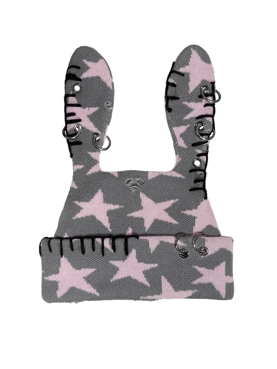Star Print Rabbit Ear Knit Hat