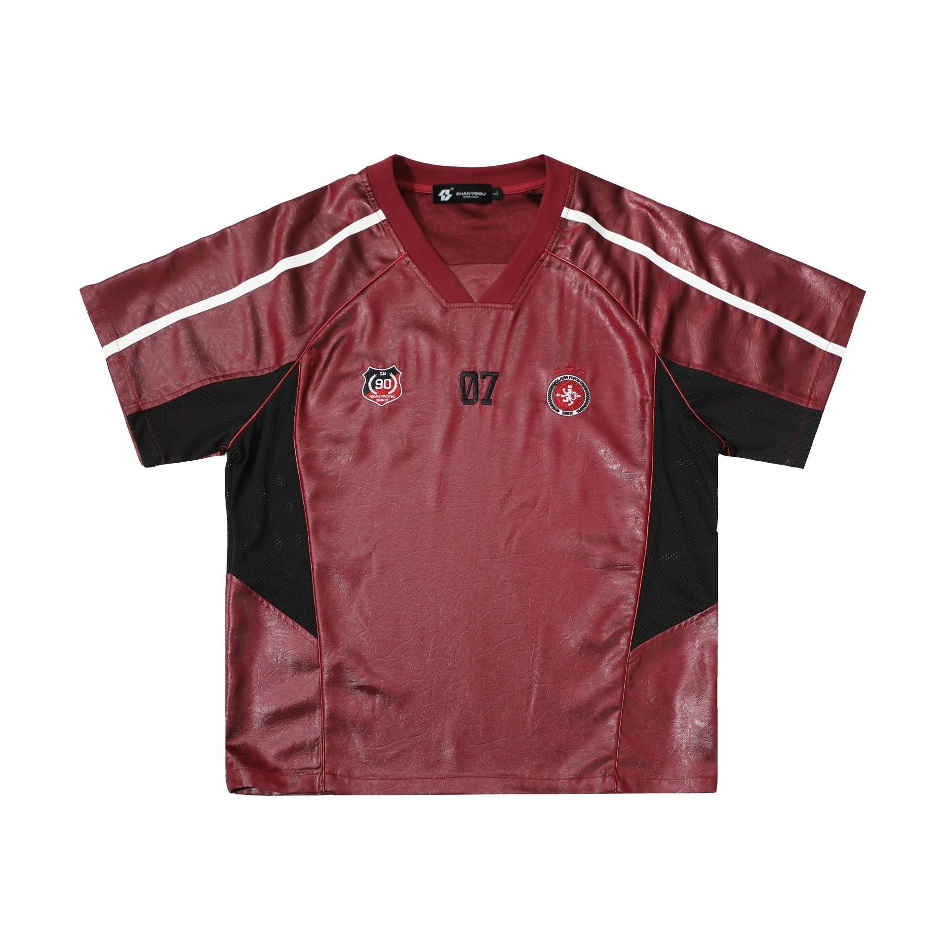 Chest Emblem PU Leather Stitching V-Neck Oversize Short Sleeve T-Shirt