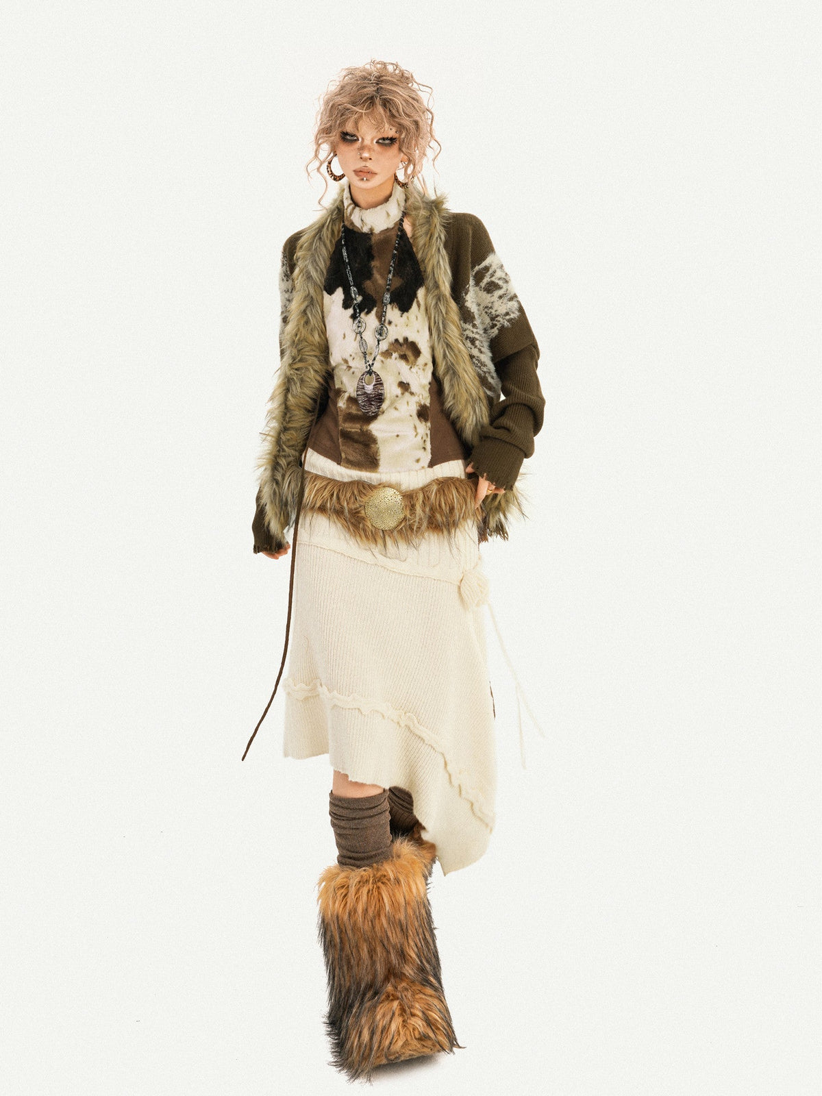 Original Design Batwing Sleeve Fake Fur Collar Knit Cardigan