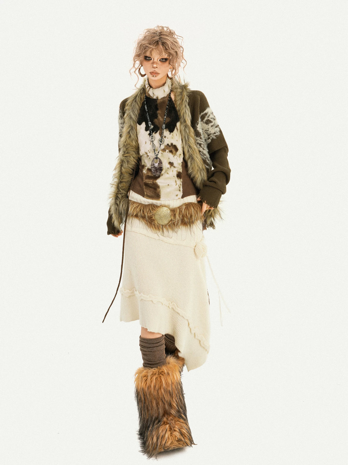 Original Design Batwing Sleeve Fake Fur Collar Knit Cardigan