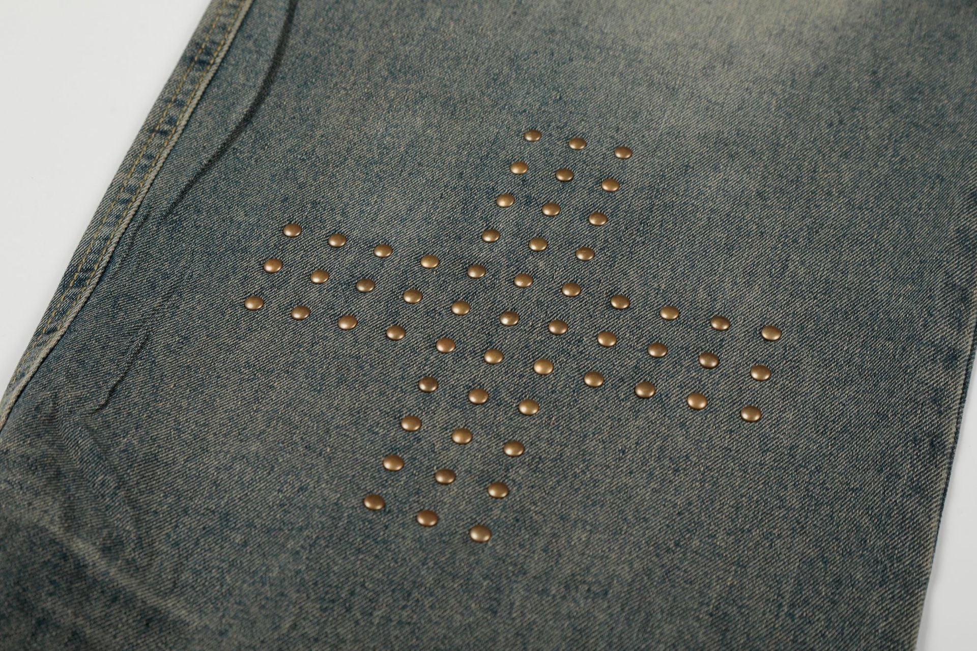 Washed Whisker Cross Studs Wide Leg Denim Jeans