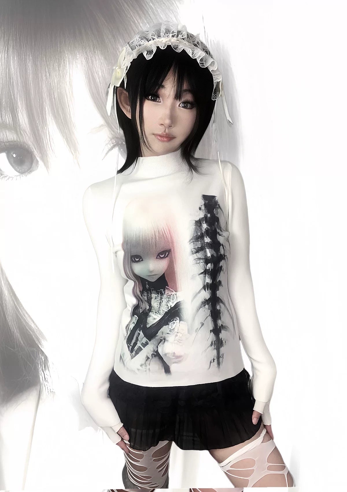 3D Doll Design High-Neck Knit Sweater