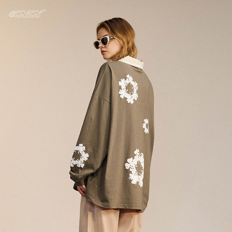 Foam Print Snowflake Long Sleeve Polo Shirt