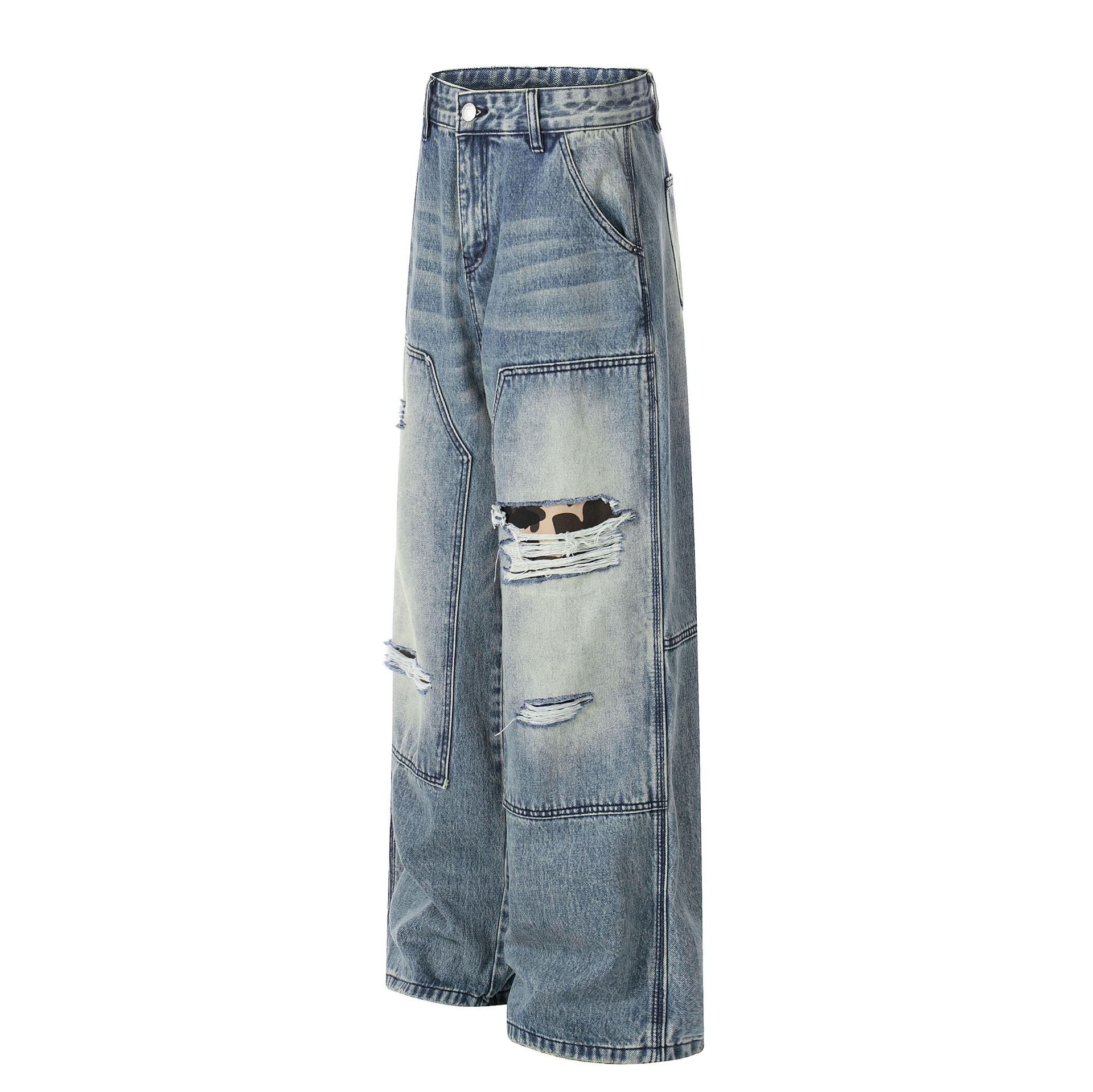 Washed Deconstruction Damage Wide Leg Denim Jeans