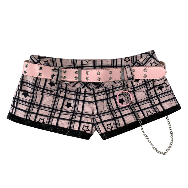 Black & Pink Star Plaid Ultra-Short Low-Rise Short Pants