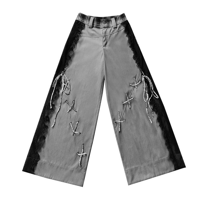 Design Lace Patchwork Tie Detail Drapey Trousers