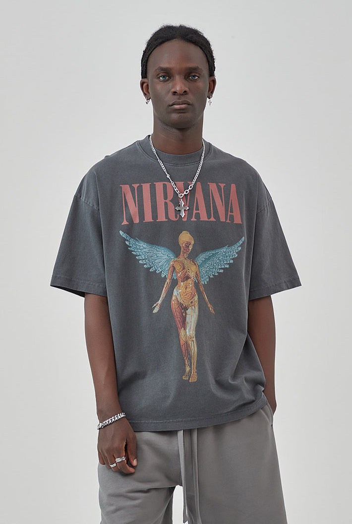 Camiseta de manga corta retro con estampado de Nirvana