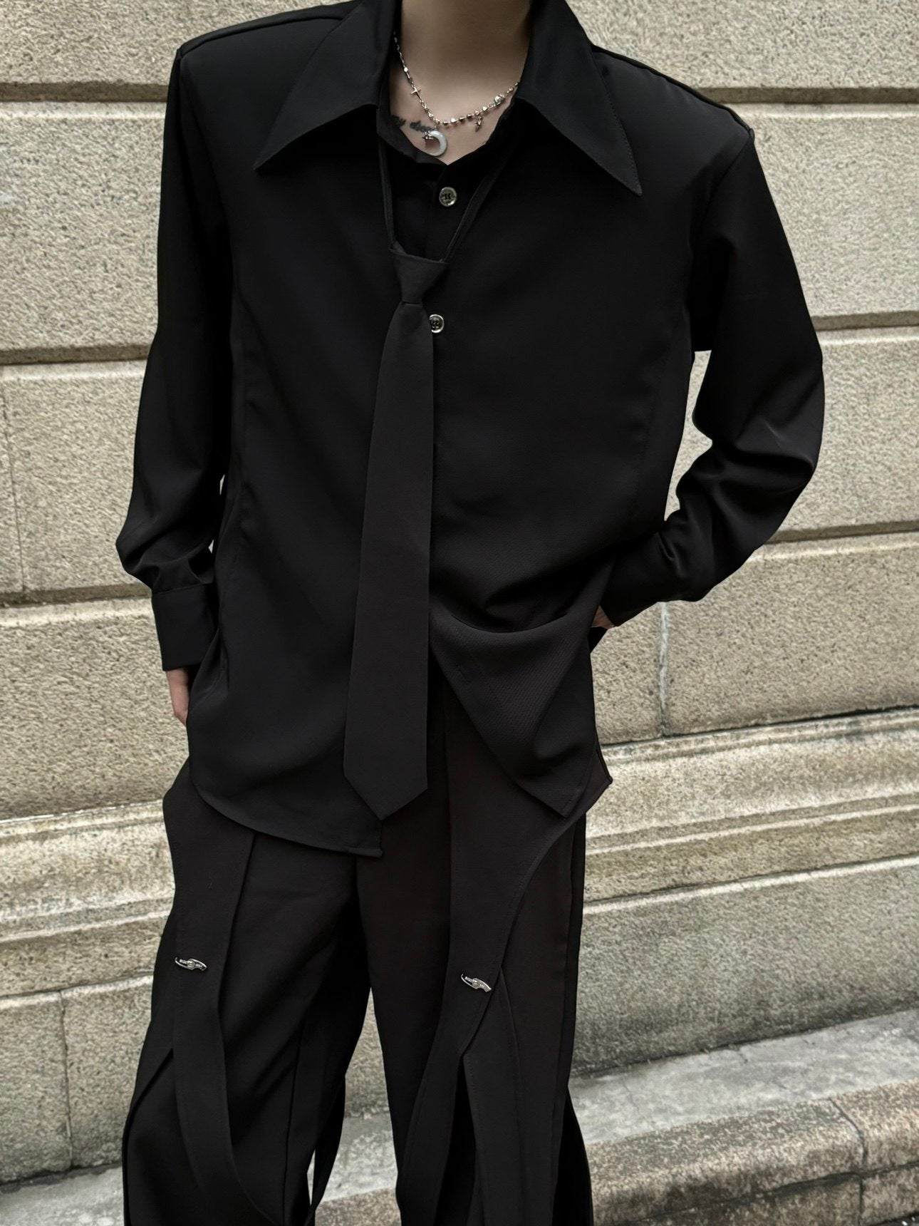 With Tie Shoulder-Pad Wrinkle-Resistant Oversize Long Sleeve Shirt