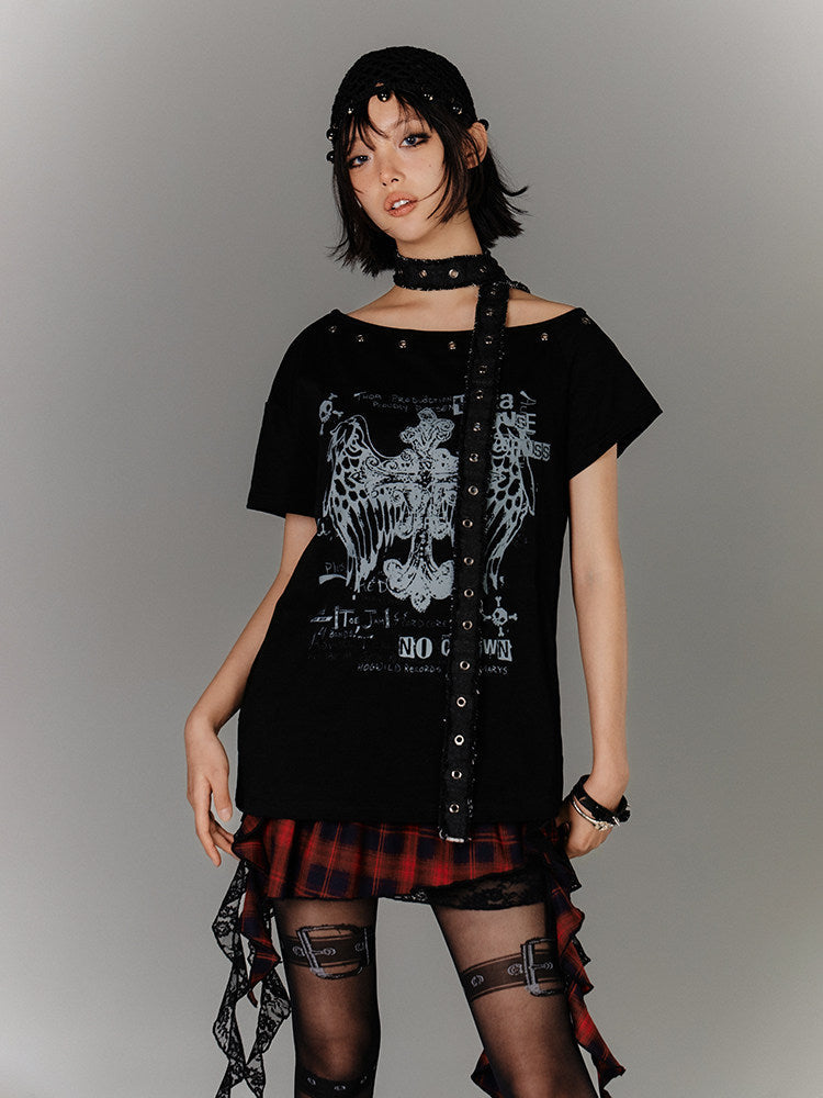 Off-Shoulder Eyelet Graphic Print Short Sleeve T-Shirt & Choker
