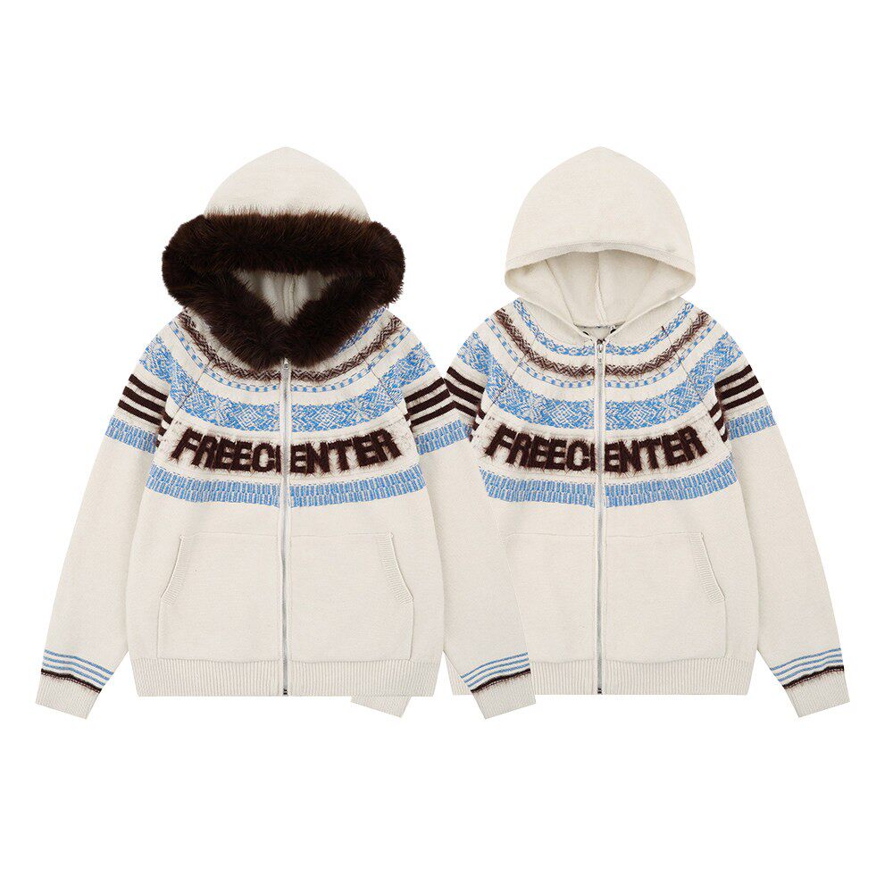 Fair Isle Hooded Detachable Fur Collar Knit Cardigan