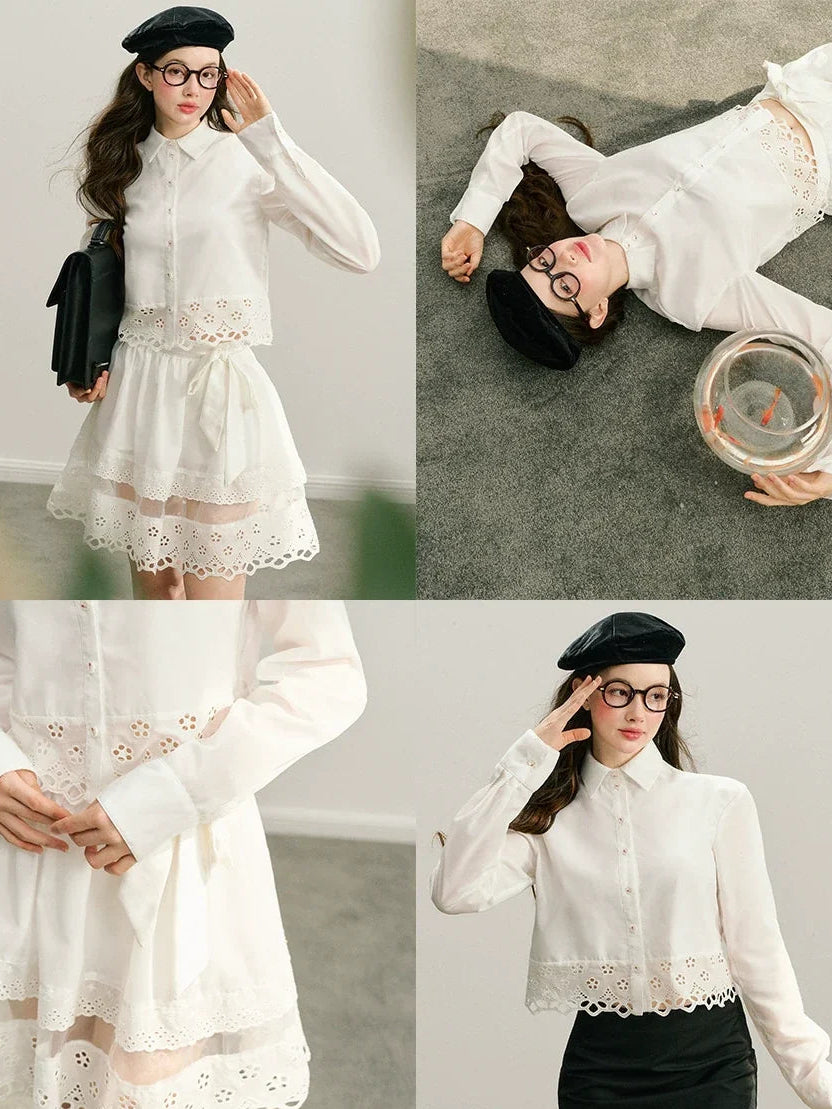 Lace Long Sleeve Shirt & Lace Short Skirt Setup