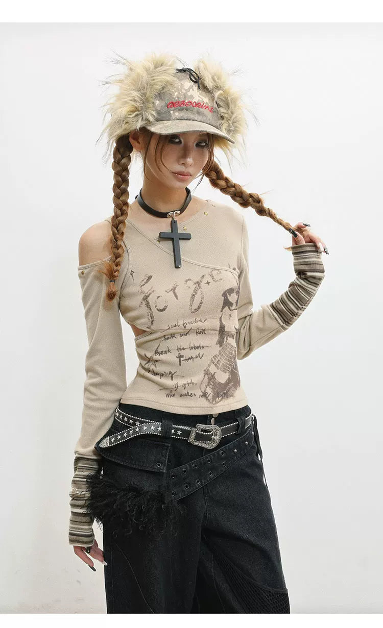 Off-Shoulder Patchwork Print Long Sleeve Knit T-Shirt