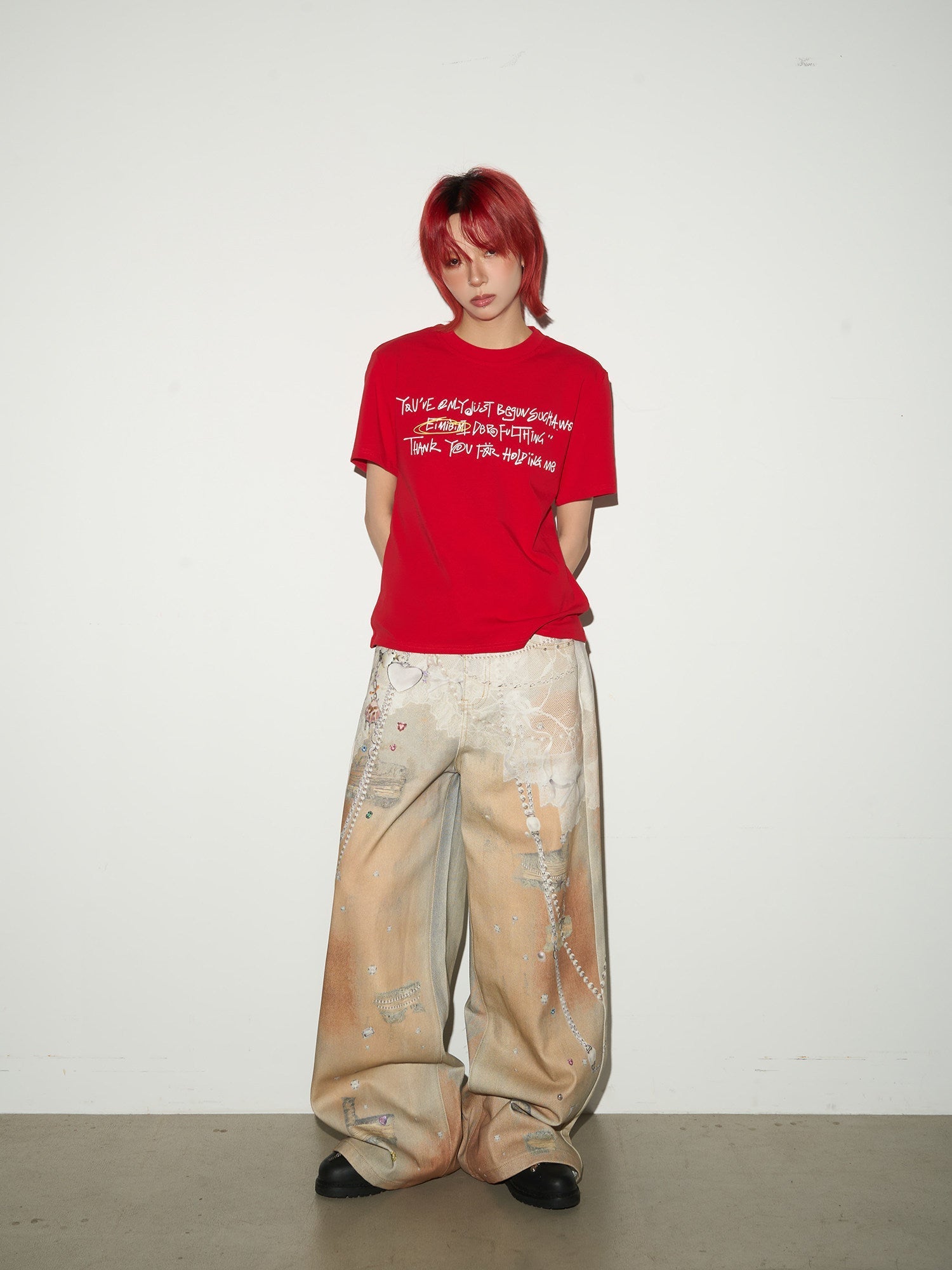 Digital Hand-Drawn Print Wide Leg Denim Jeans