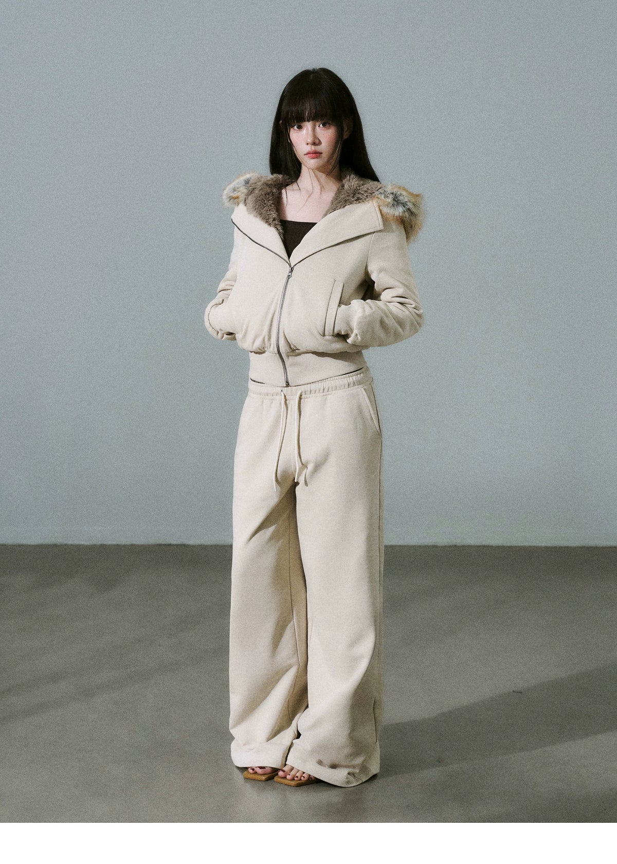 Fake Fur Hooded Zip-Up Jacket & Seatpants Setup