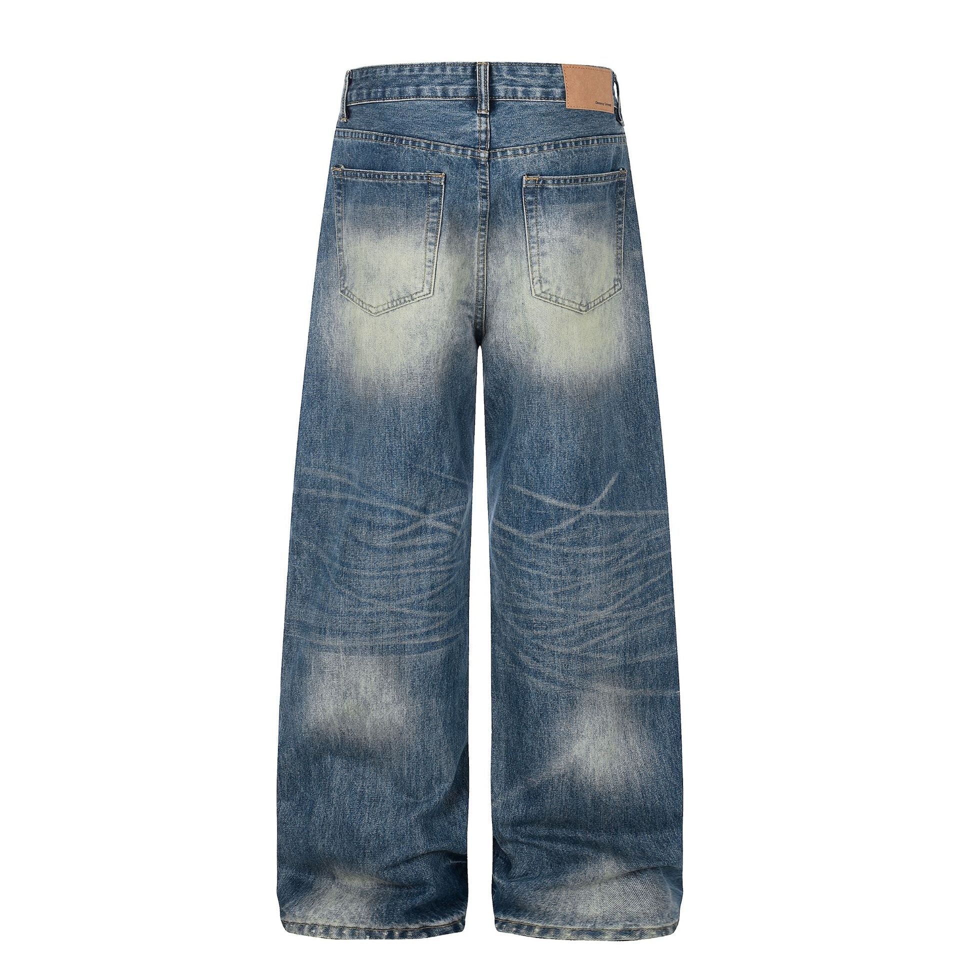 Washed Whisker Damage Wide Leg Denim Jeans