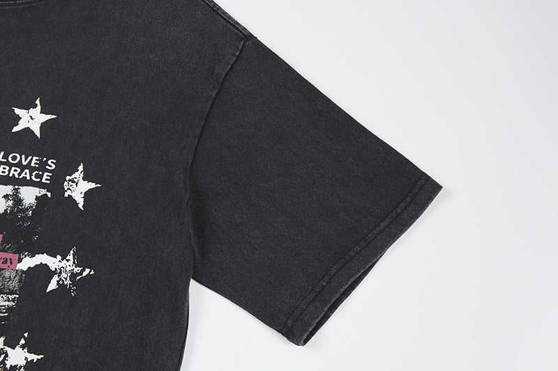 Washed Portrait Letter Print Short Sleeve T-Shirt