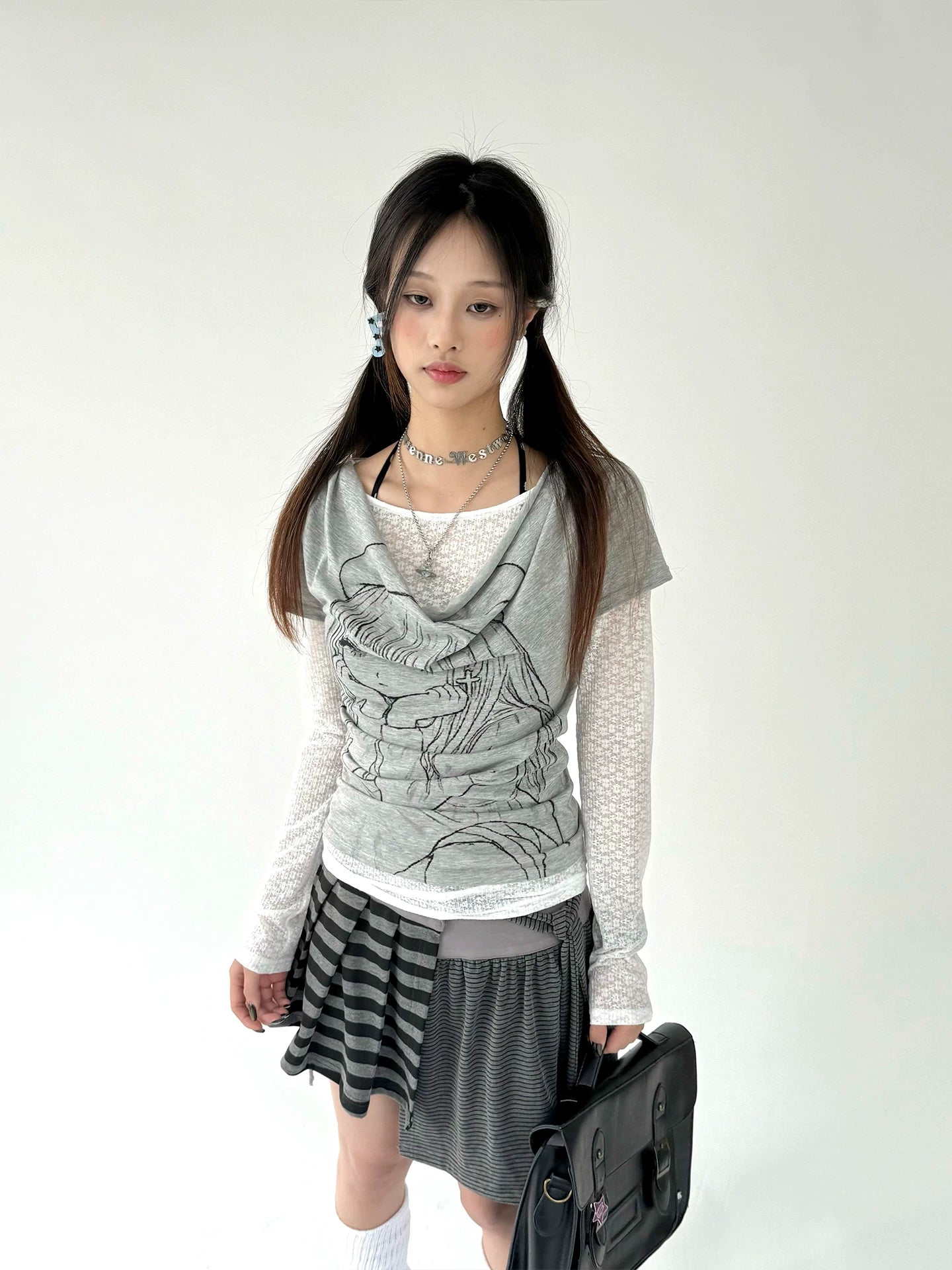 Fake Layered Draped Print Long Sleeve T-Shirt