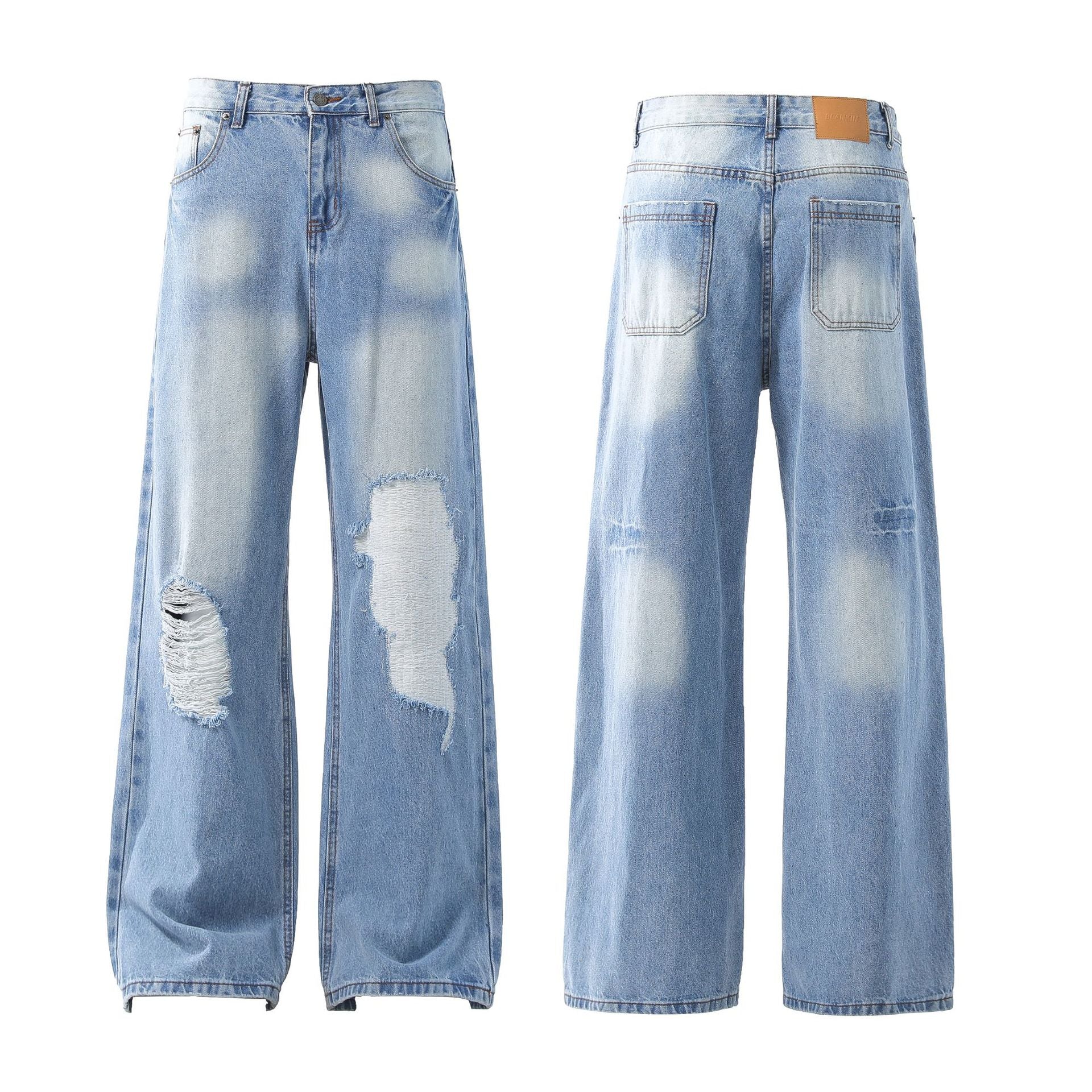 Washed Damage Wide Leg Flare Denim Jeans