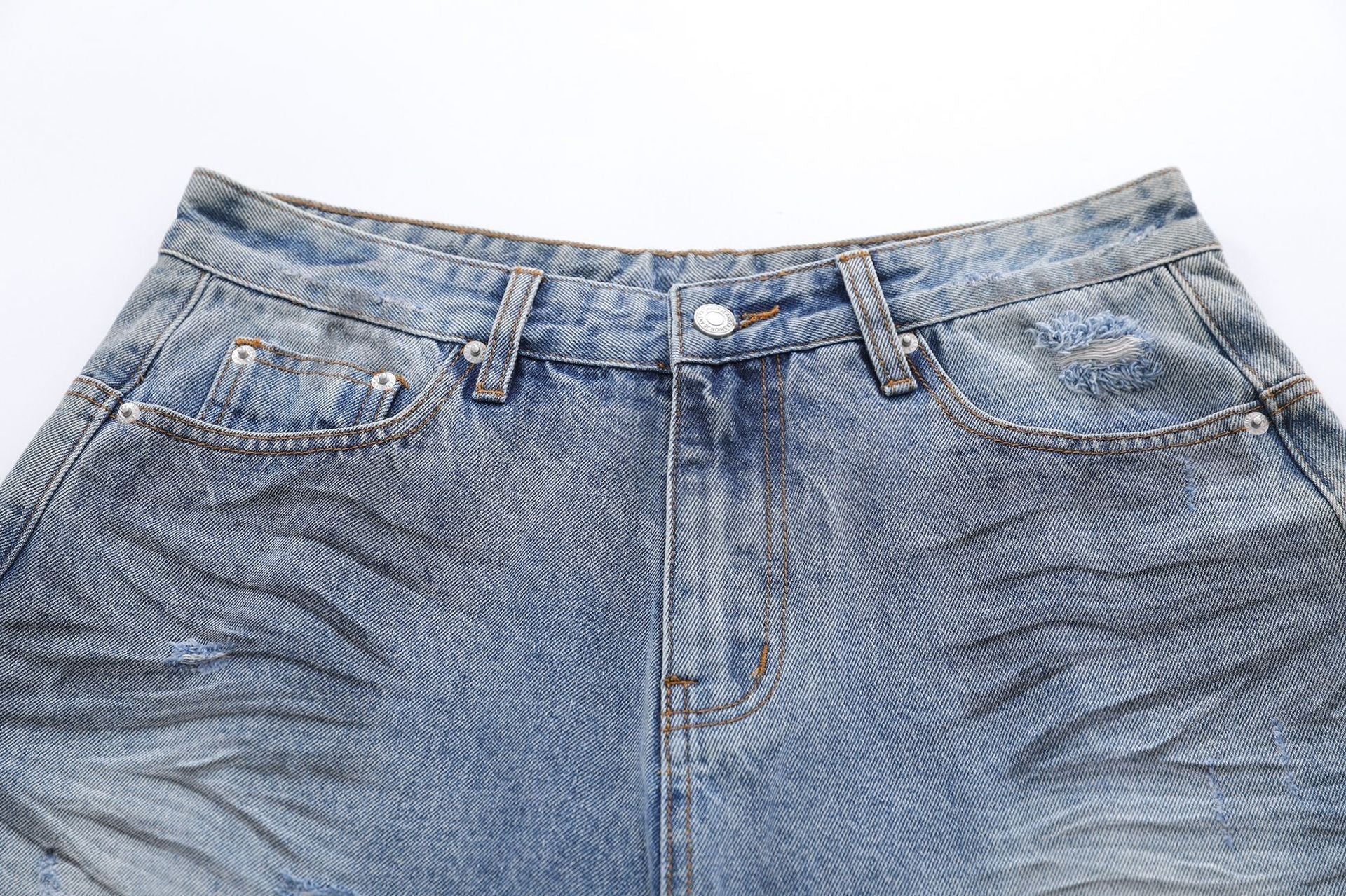 Whisker Washed Wide Leg Denim Jort