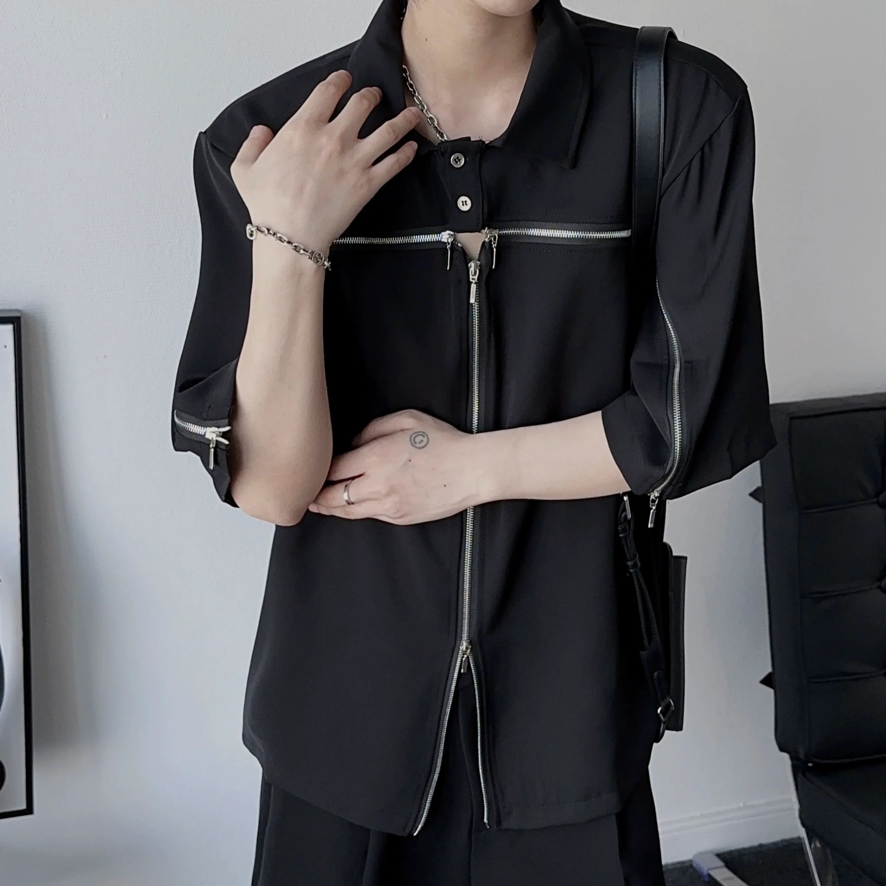 Zipper Design Oversize Short Sleeve Polo Shirt