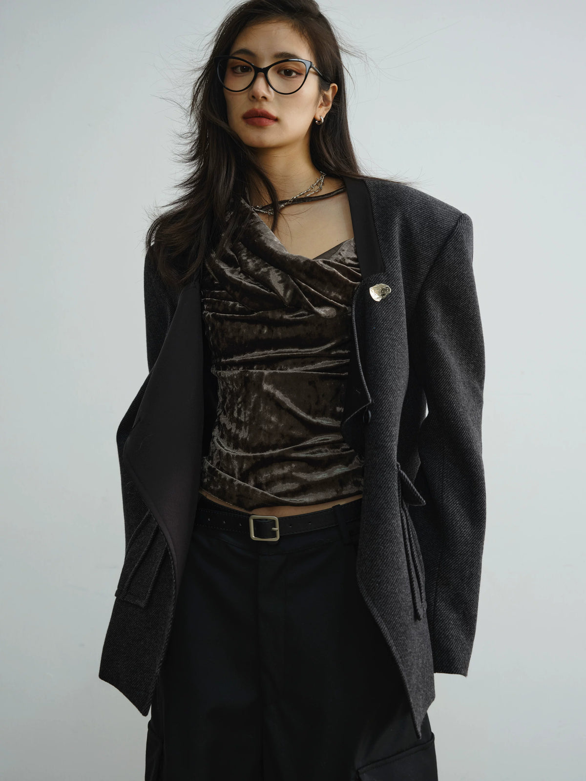 Low Neckline Diagonal Placket Jacket