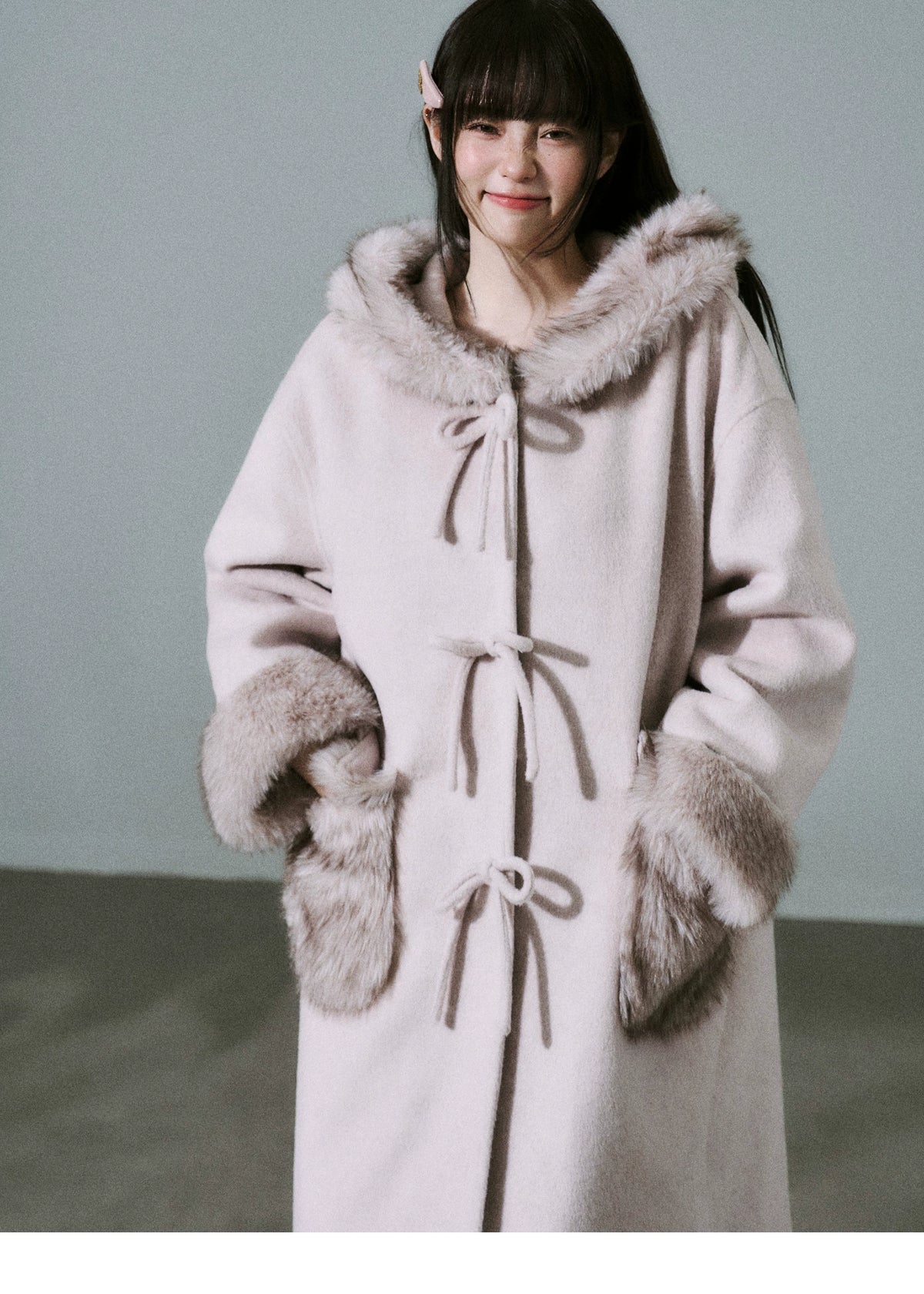 Bow Detail Fake Fur Trim Coat