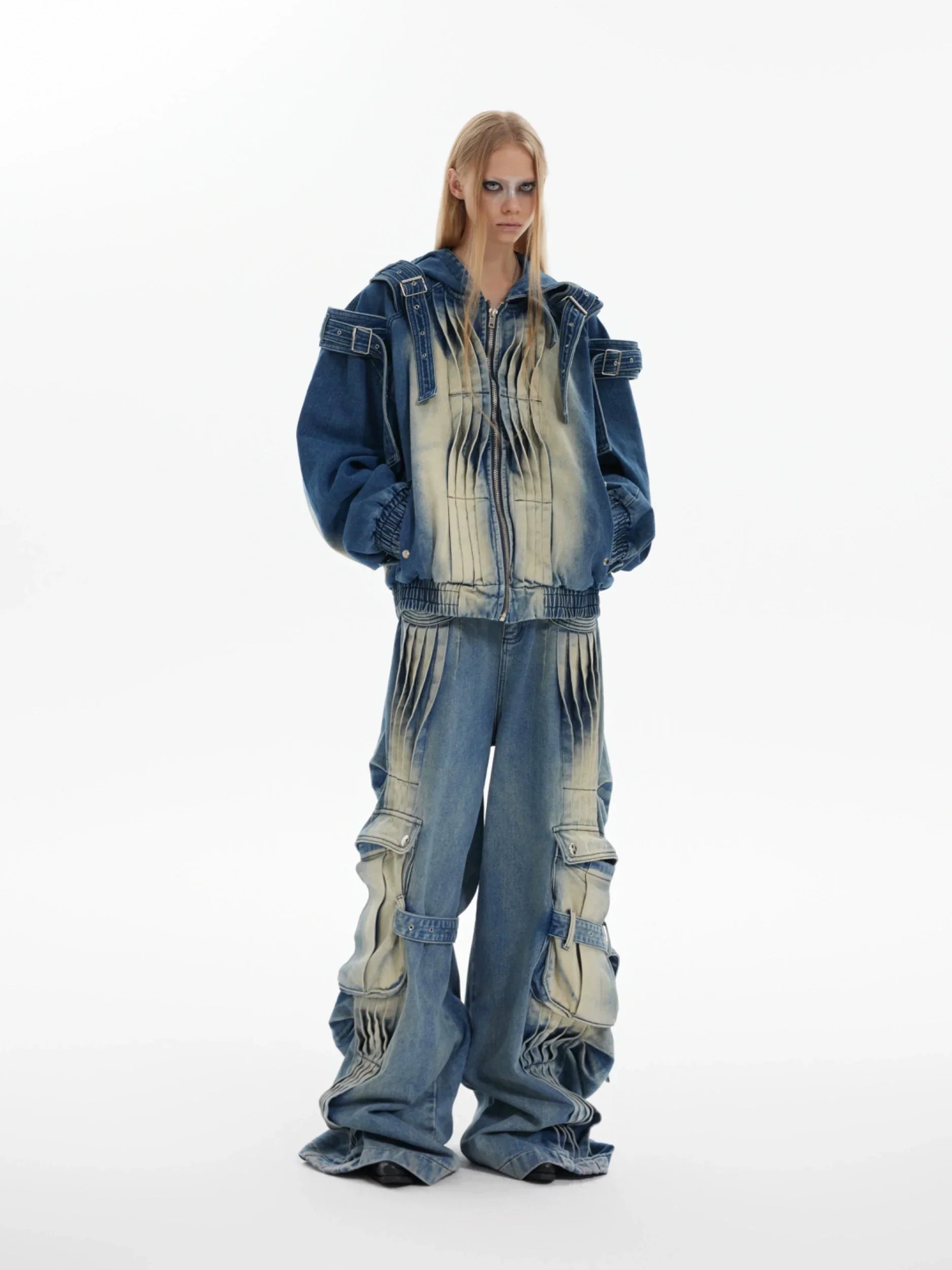 Heavyweight Zipper Denim Hooded Jacket & Wide Leg Denim Jeans Setup