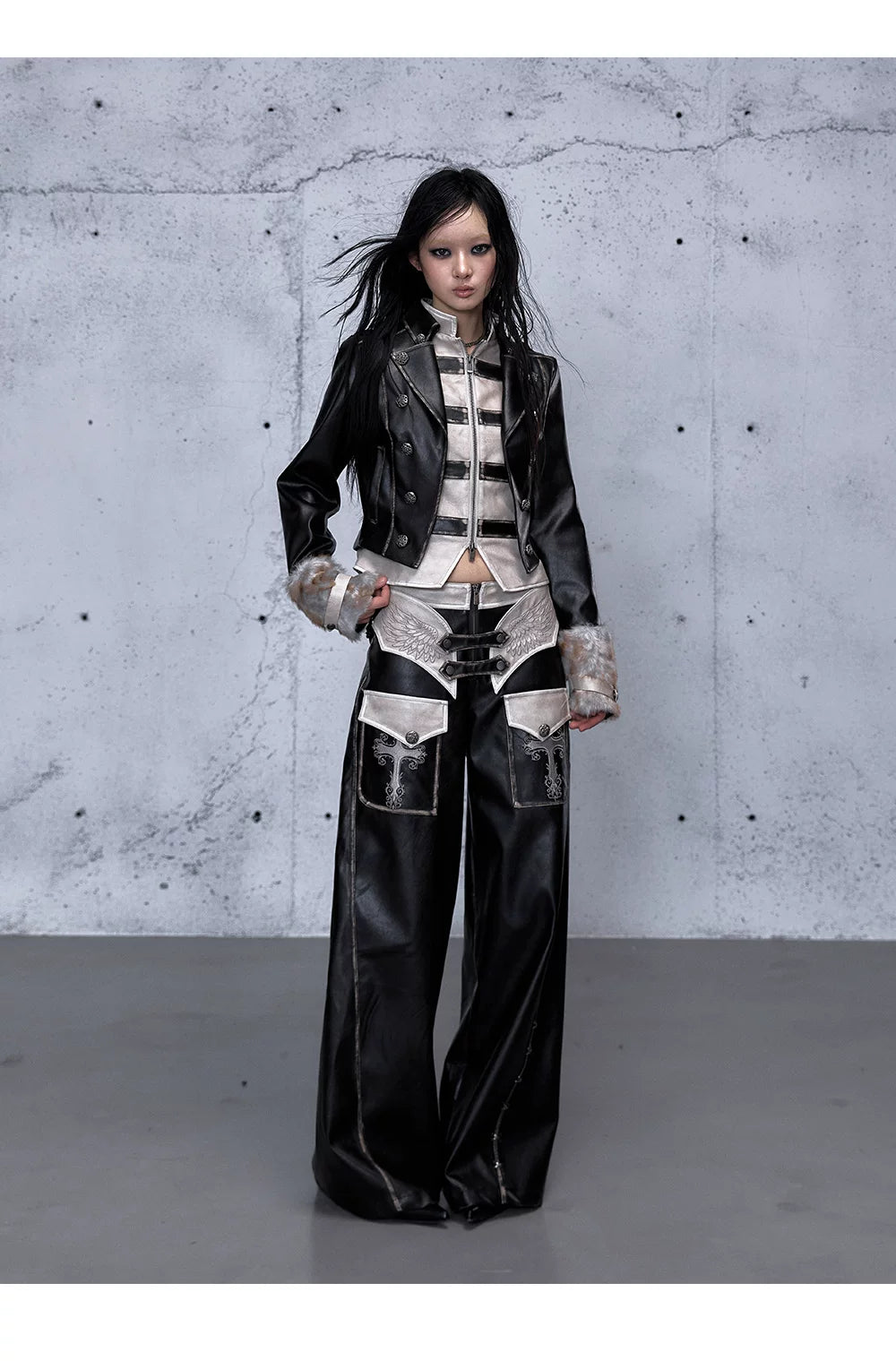 Lace Panel Buckle Detail Wide Leg PU Leather Pants