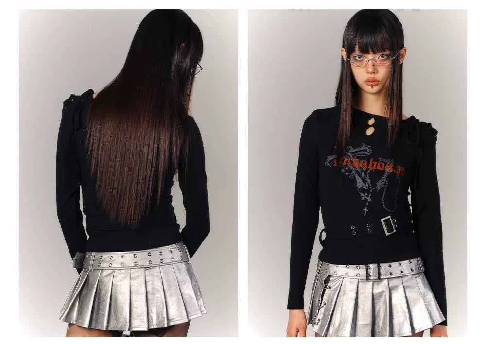 Cross Print Strap Buckle Cutout Long Sleeve T-Shirt