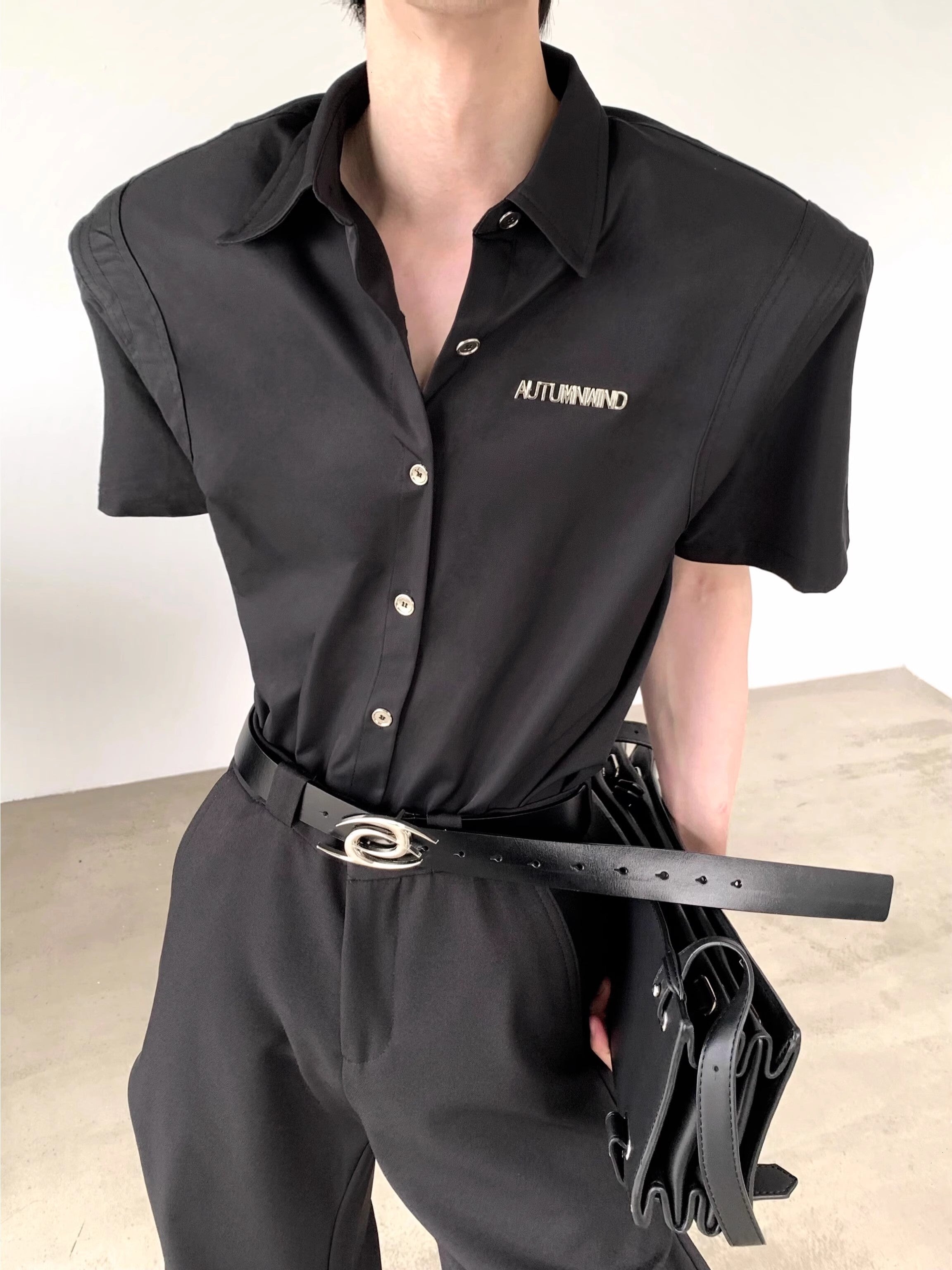 Metal Design Shoulder Pad Short Sleeve Shirt