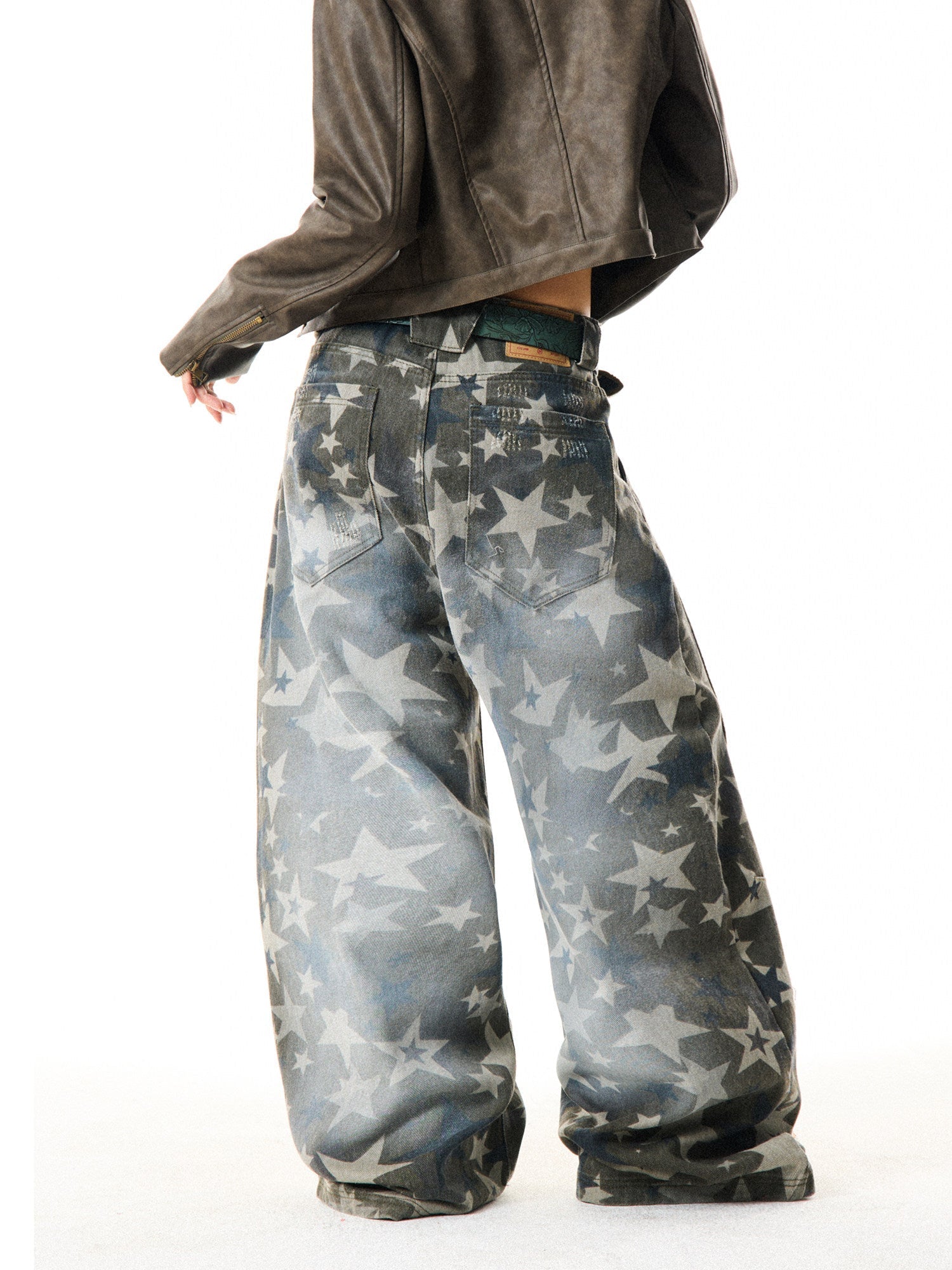 Star Print Damage Wide Leg Denim Jeans