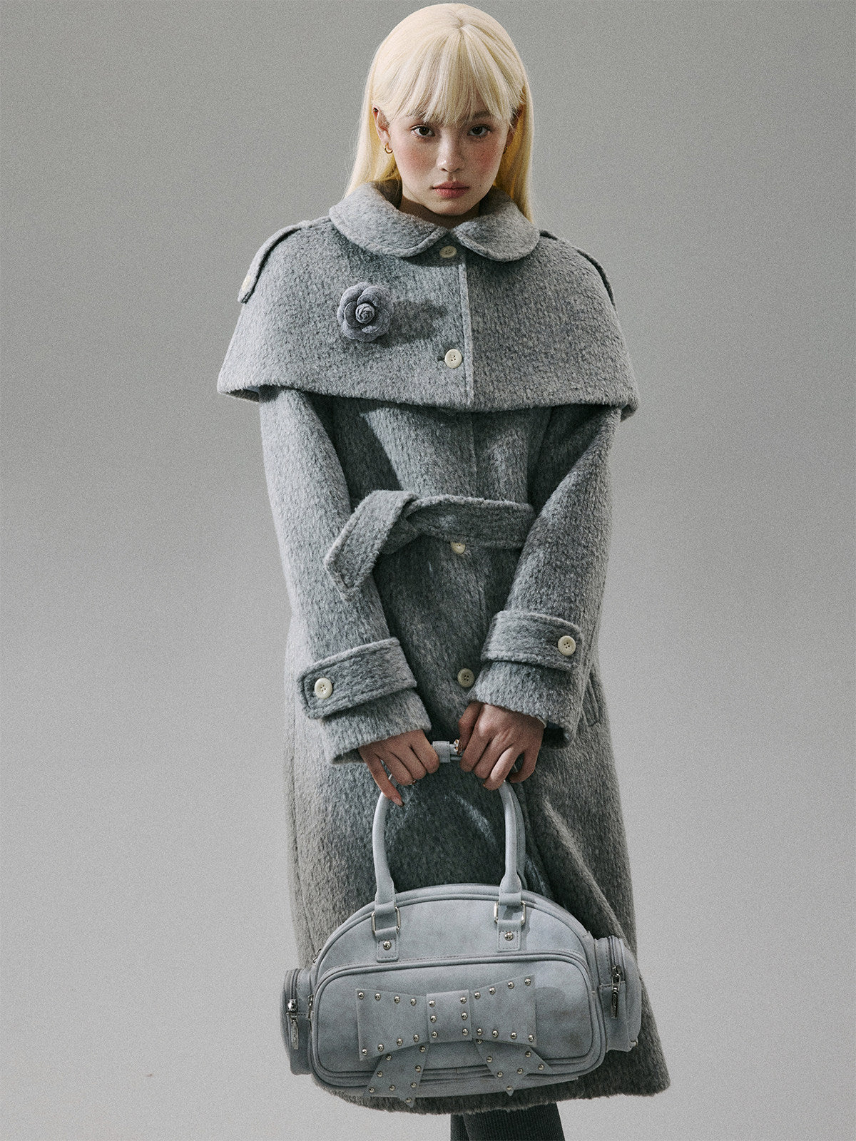 Cape Collar & Flower Detail Belted Coat