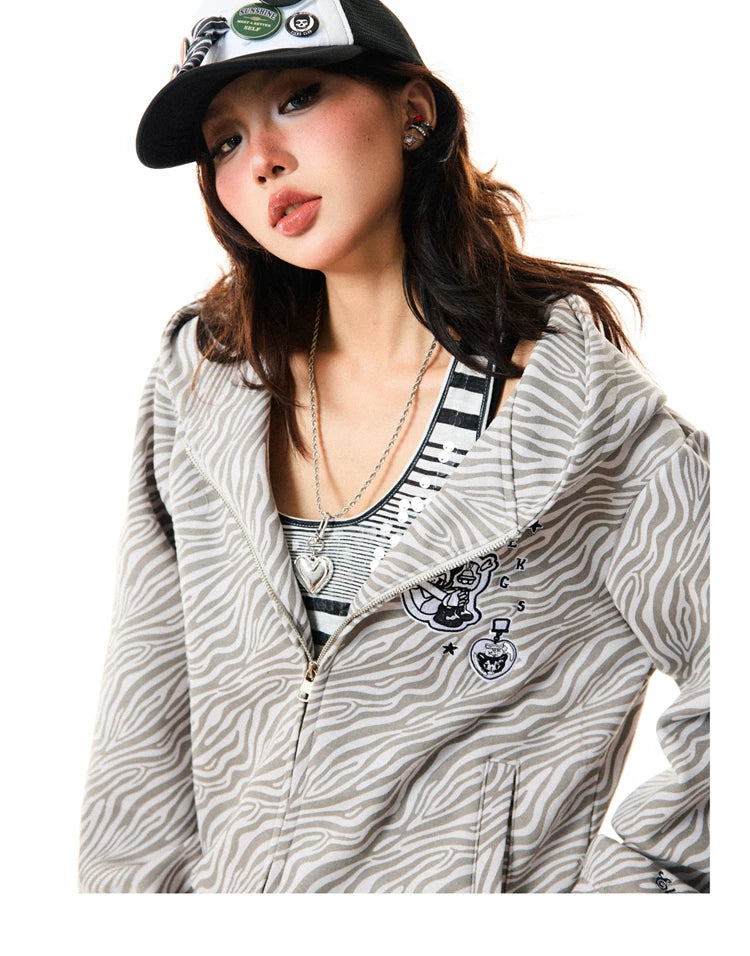 Zebra Print Graphic Zip-Up Hoodie