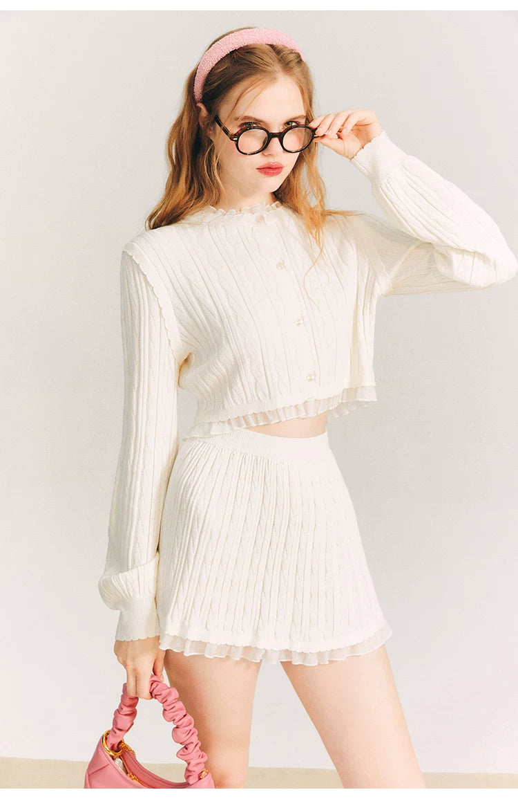 Tulip Button Knit Cardigan & Knit Short Skirt Setup