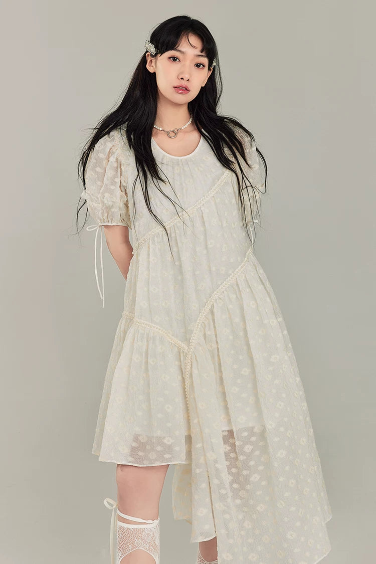 Jacquard Design Short Sleeve Dress With Irregular Hem Length