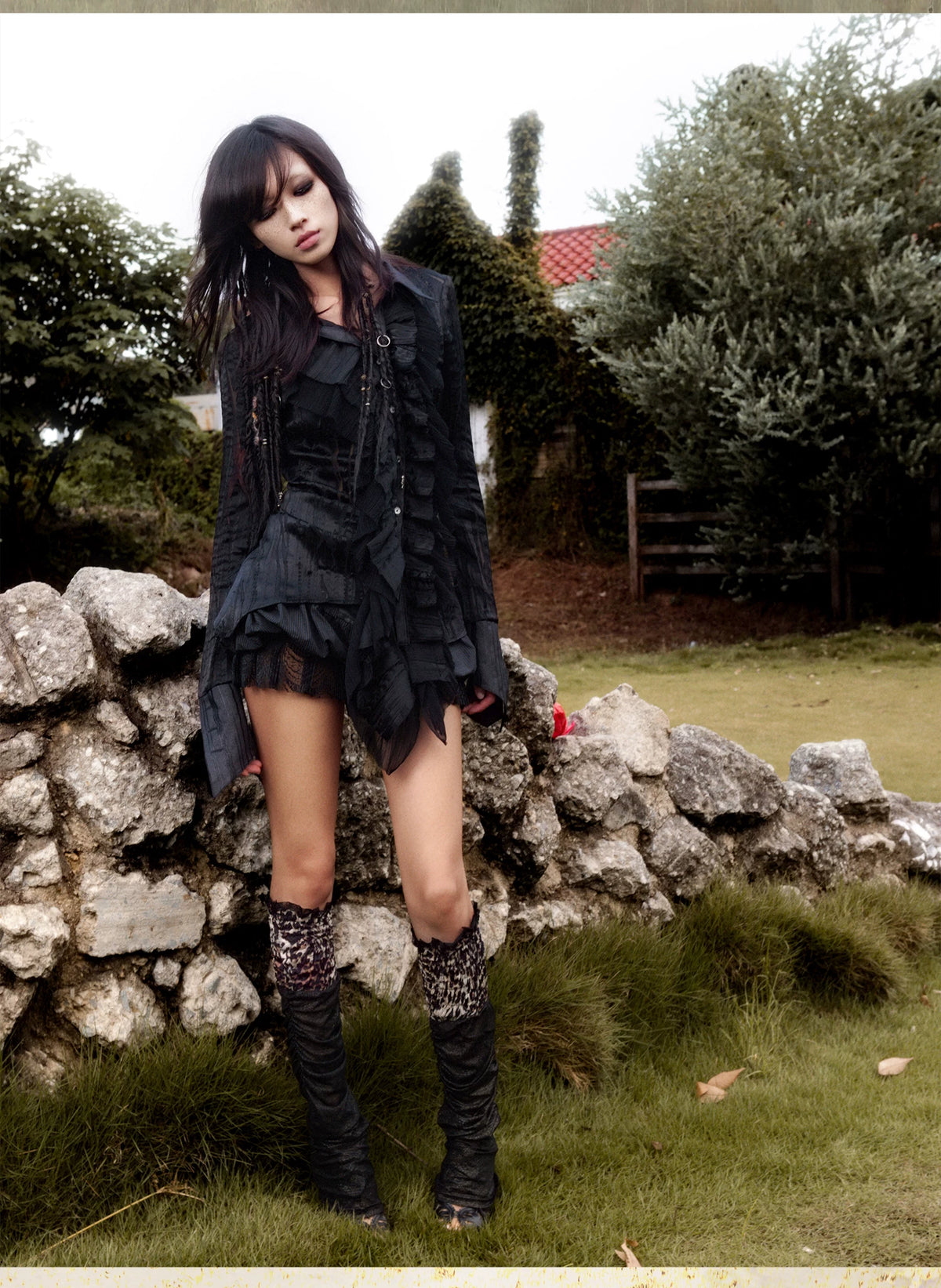 Original Punk Two-Tone Waist-Cinching Ruffle Asymmetric Shirt