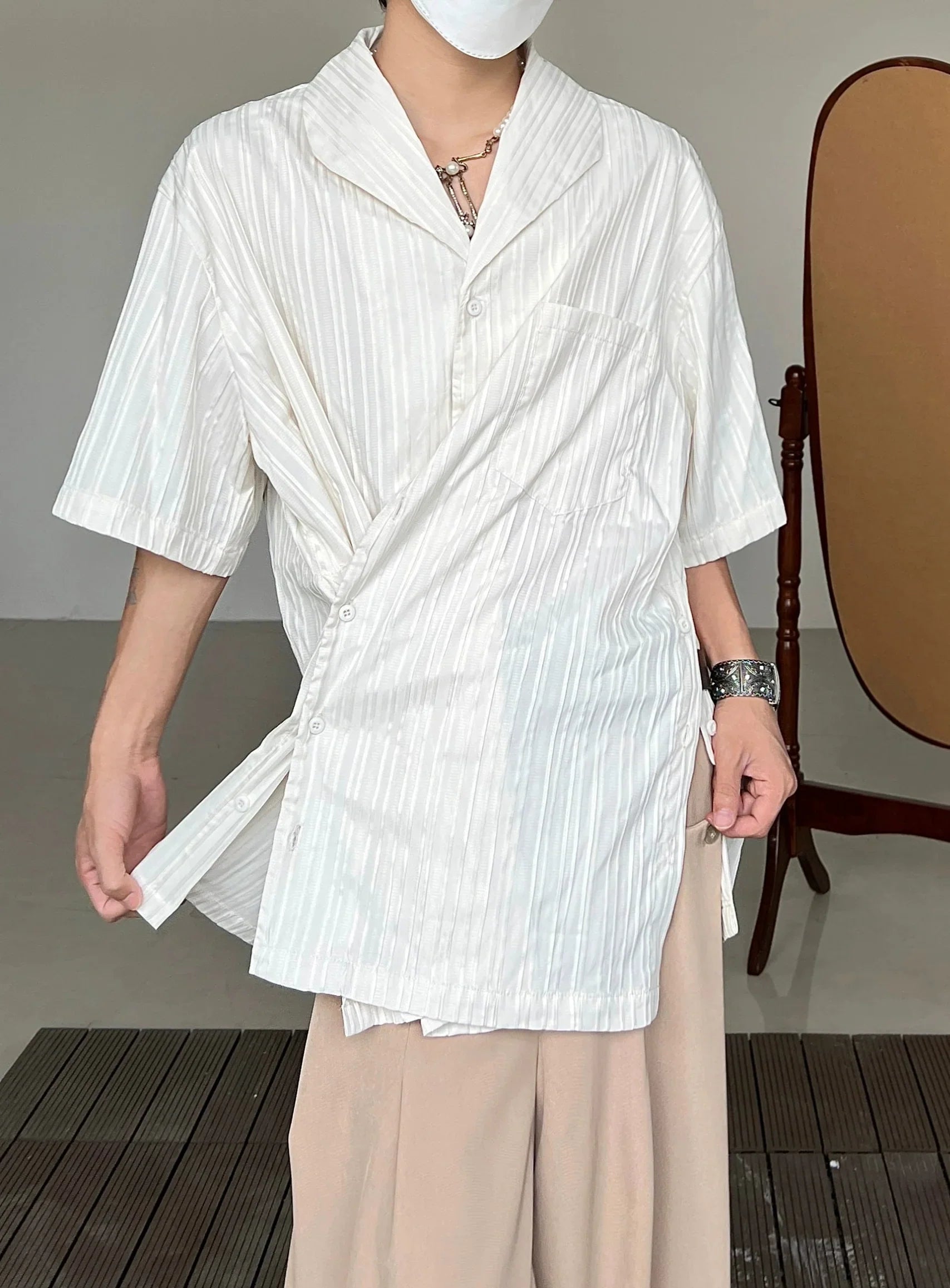 Stripe Irregular Cuban Collar Short Sleeve Shirt