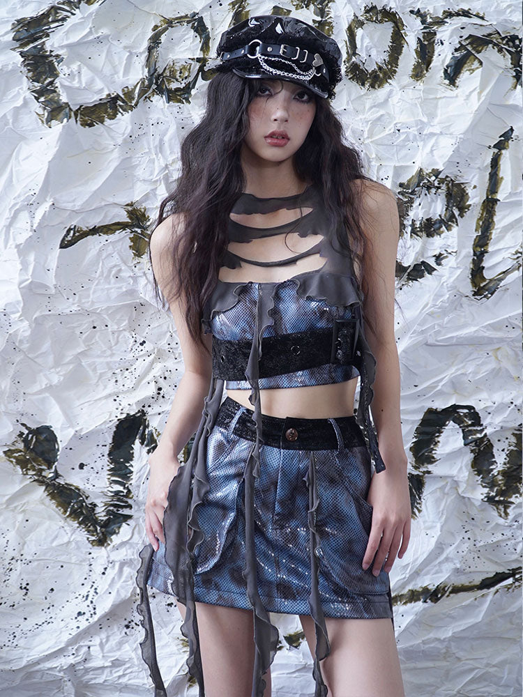 Fringe Patchwork PU Leather Skirt