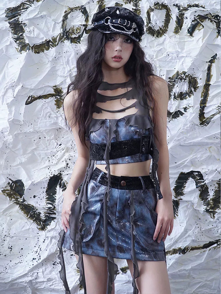 Fringe Patchwork PU Leather Skirt