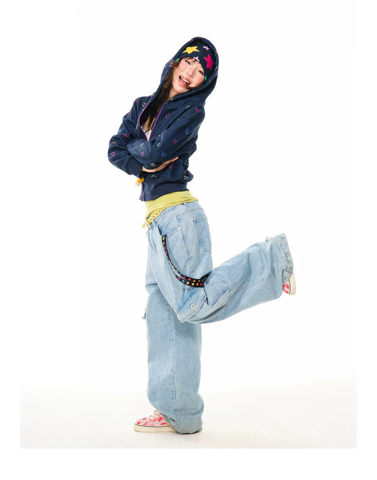 Star Print Fleece Zipper Hoodie