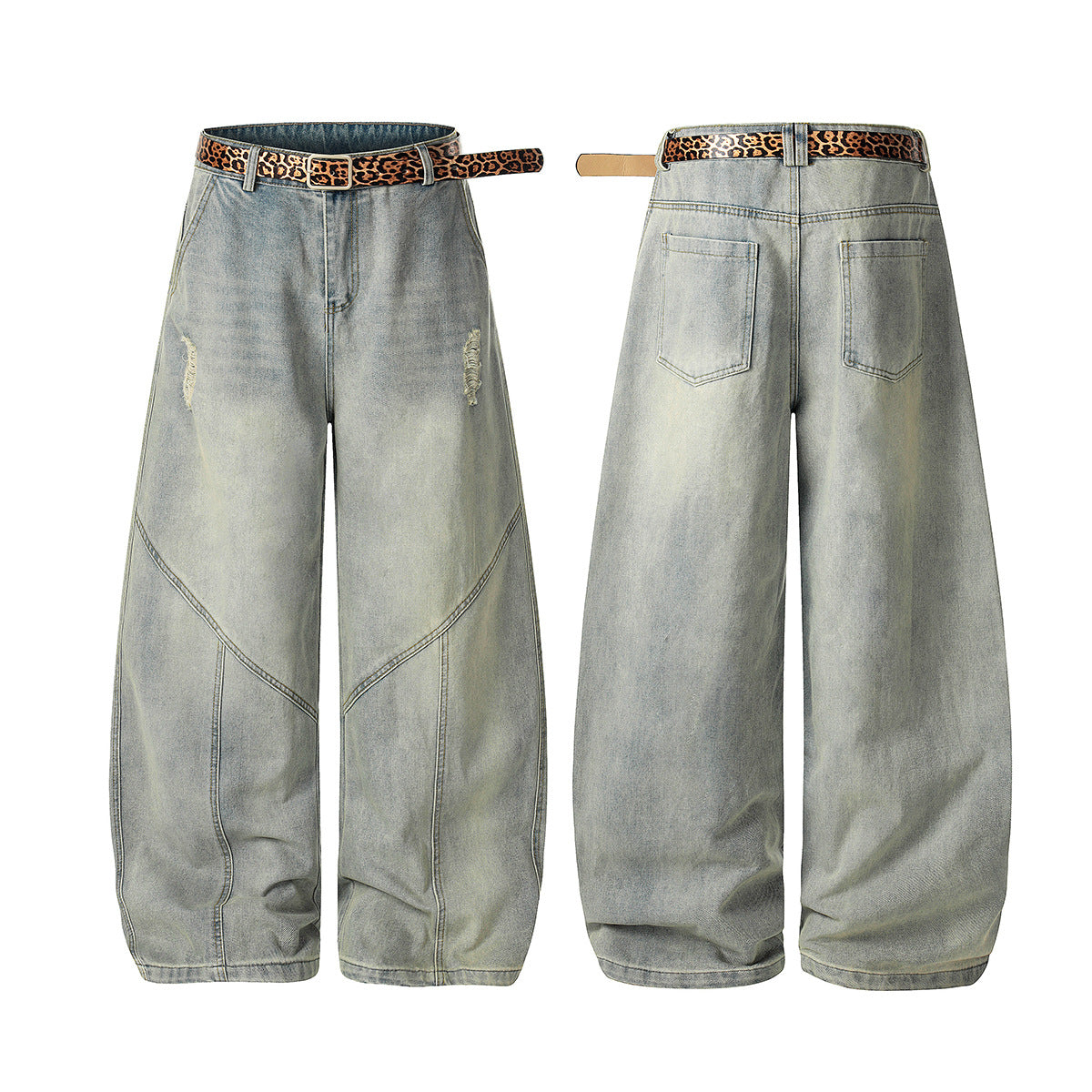 Washed Damage Panel Curved Denim Jeans