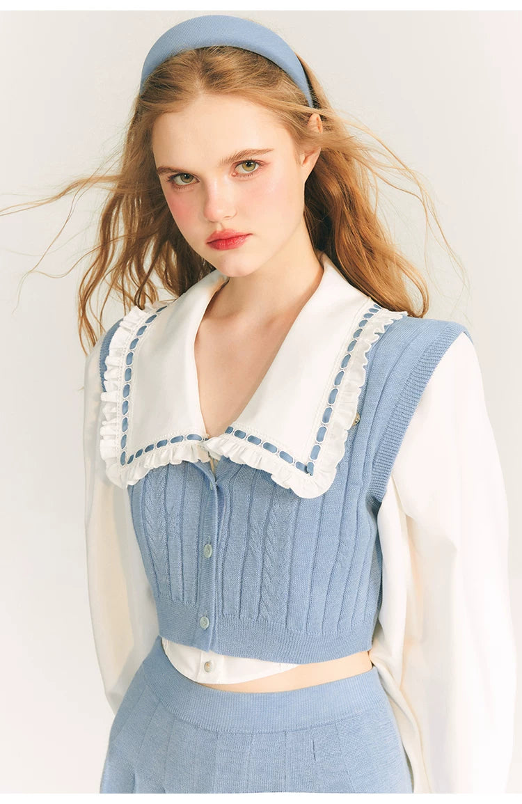 Button Knit Vest & Knit Pleated Skirt Setup
