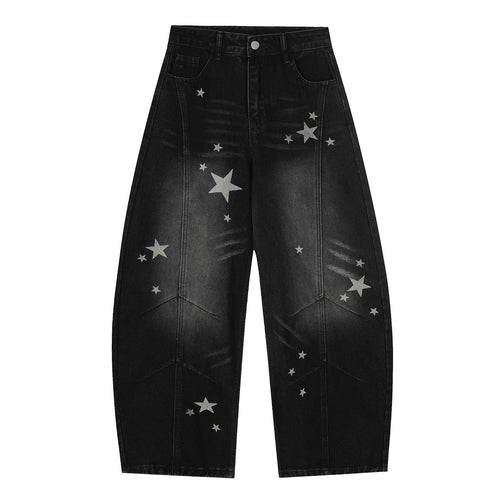 Star Print Curved Denim Jeans - Black / S