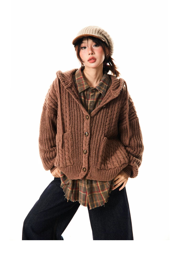 Hooded Button Oversize Cable Knit Cardigan
