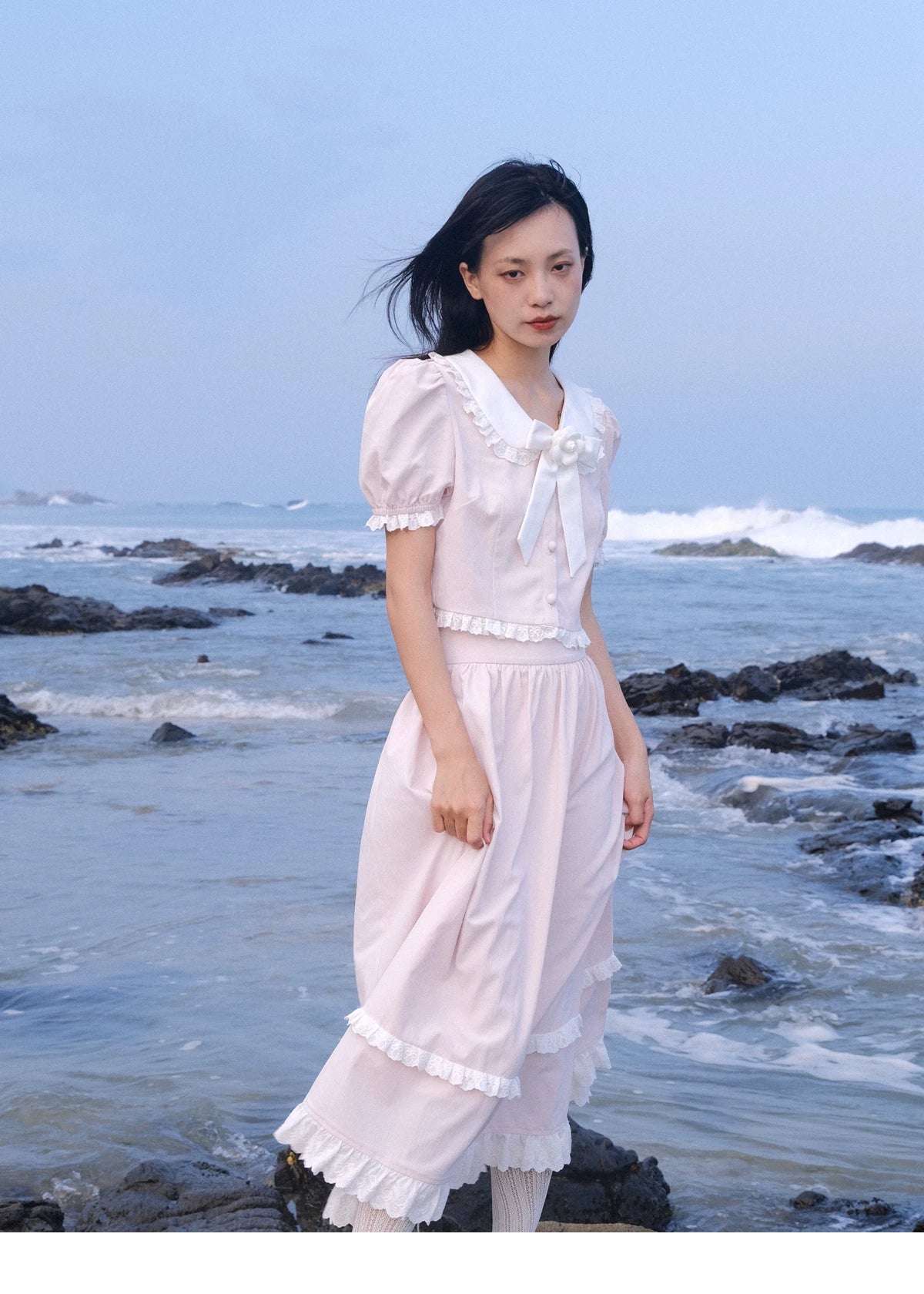 Lace Details Bow Blouse & Lace Trim Skirt Setup