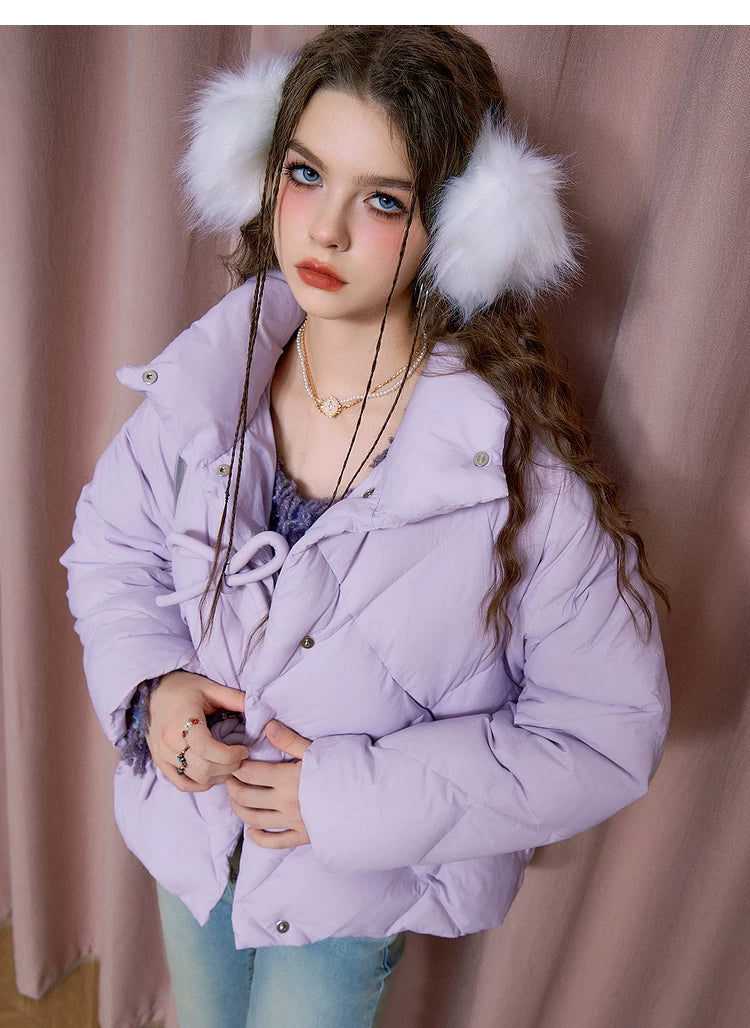 Bow Design Stand Neck White Duck Down Jacket