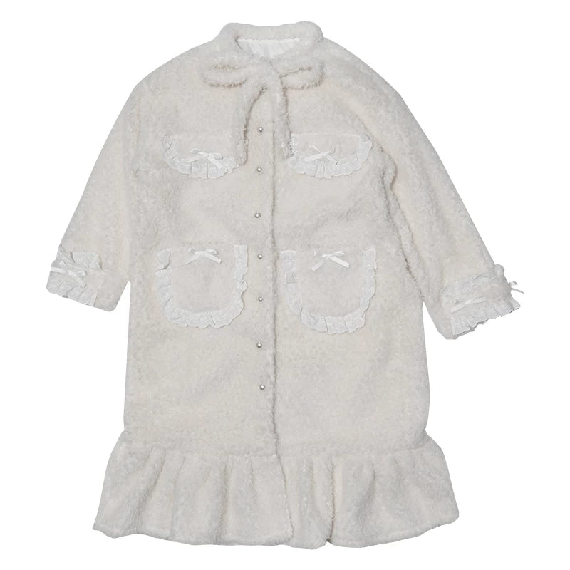Plush Bow Ruffle Long Coat